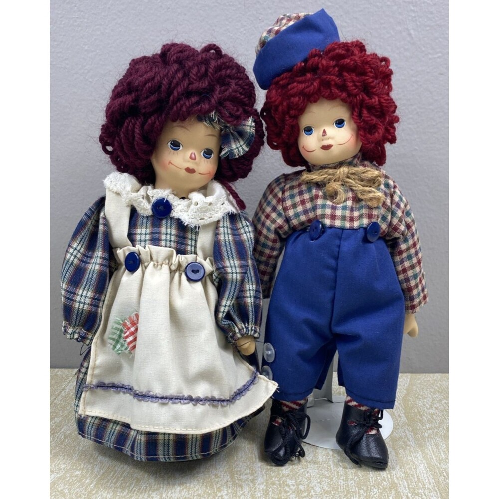 Vintage Mop Top Raggedy Ann & Andy Dolls Porcelain Heads Cloth Bodies w/ Stands
